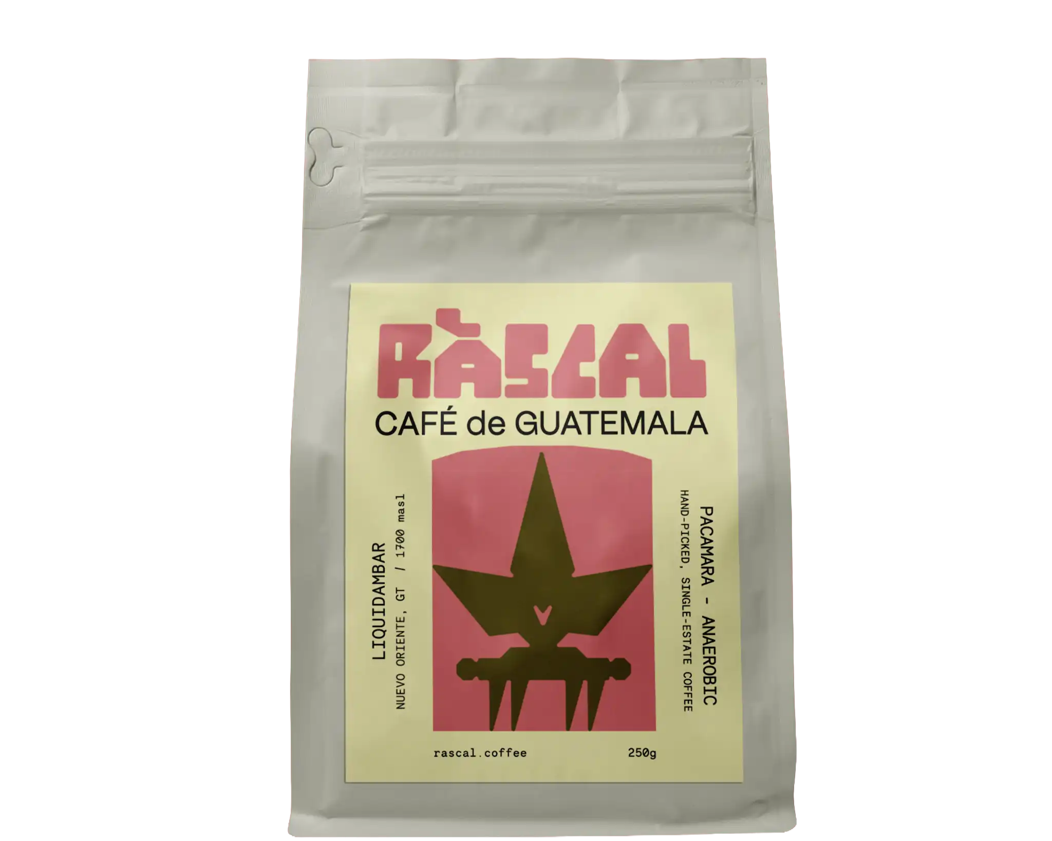coffee bag with rascal pink label on it