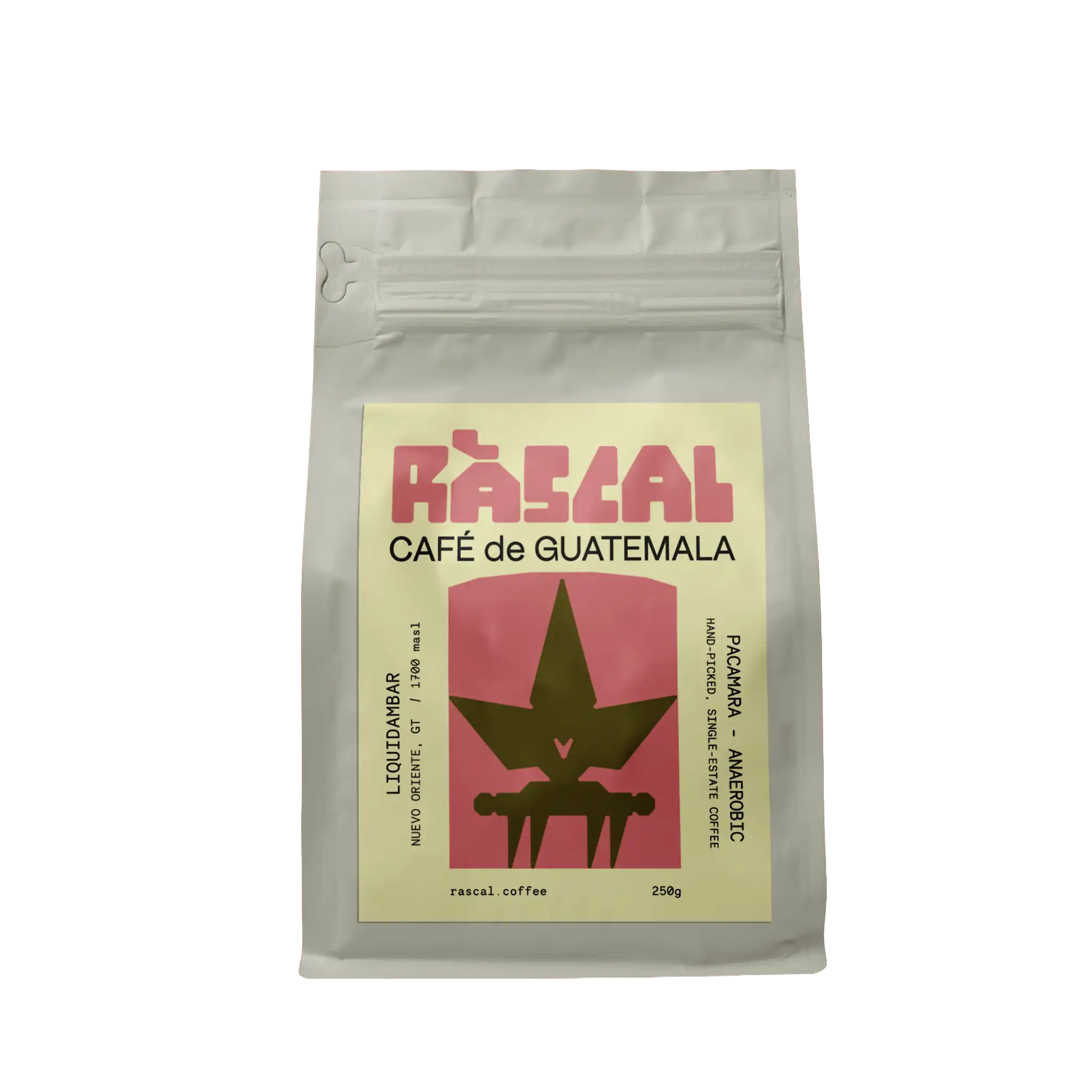 coffee bag with rascal pink label on it