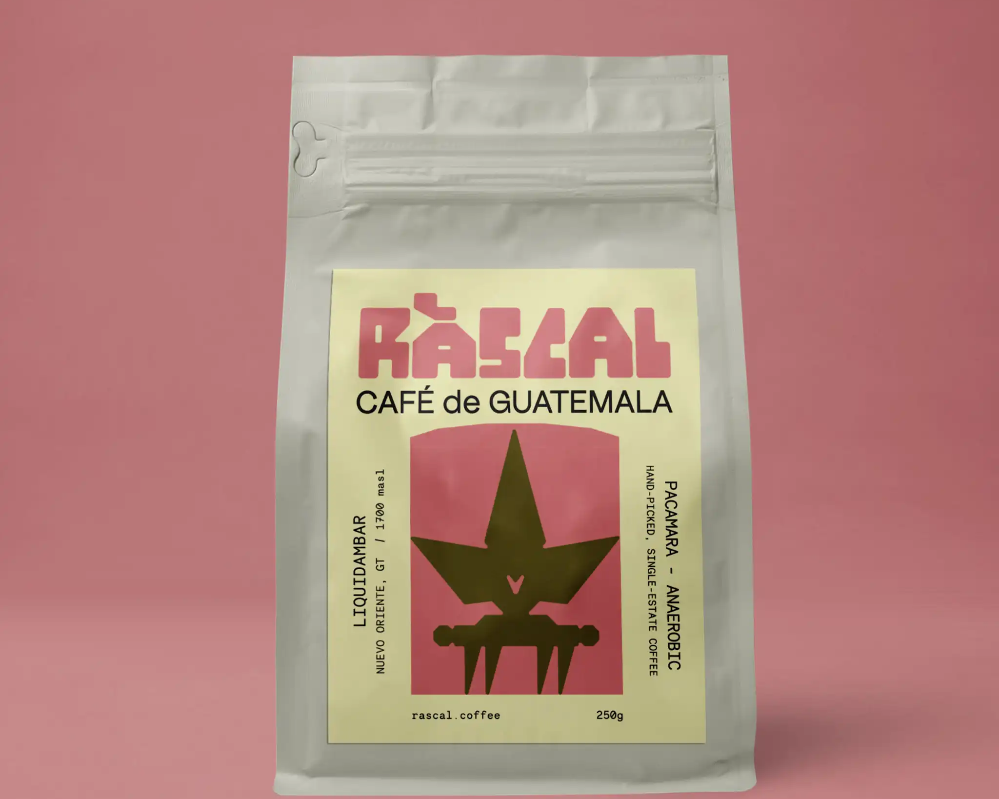 coffee bag with pink background and cool design on bag