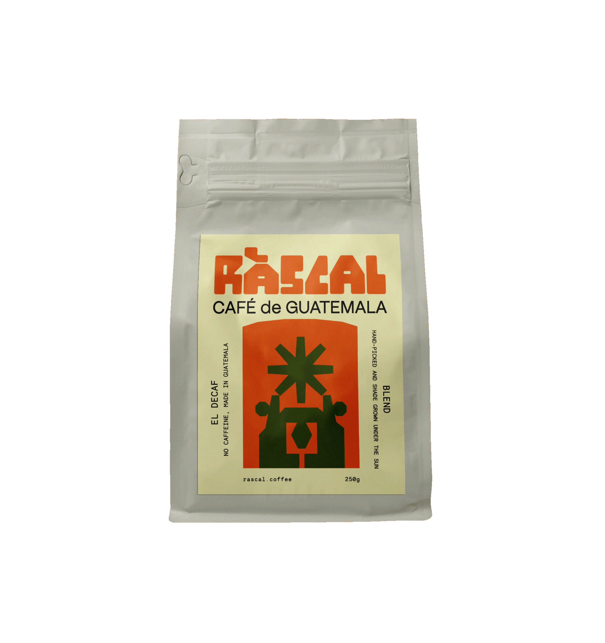 A packaged bag of Ráscal decaf Guatemala coffee with a brutalist graphic on the label.