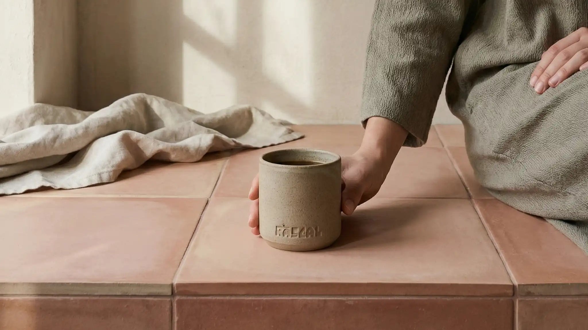 Person holding a ceramic mug on a tiled surface with soft lighting